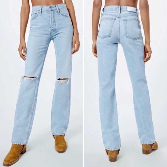 RE/DONE 90s High Rise Loose Bleach Destroyed Jeans Straight Leg Button Fly